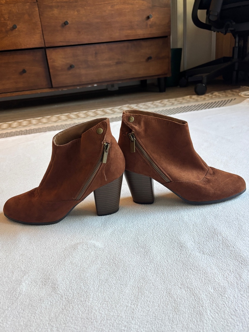 Qupid Brown Faux Suede Ankle Booties with Stacked Heel